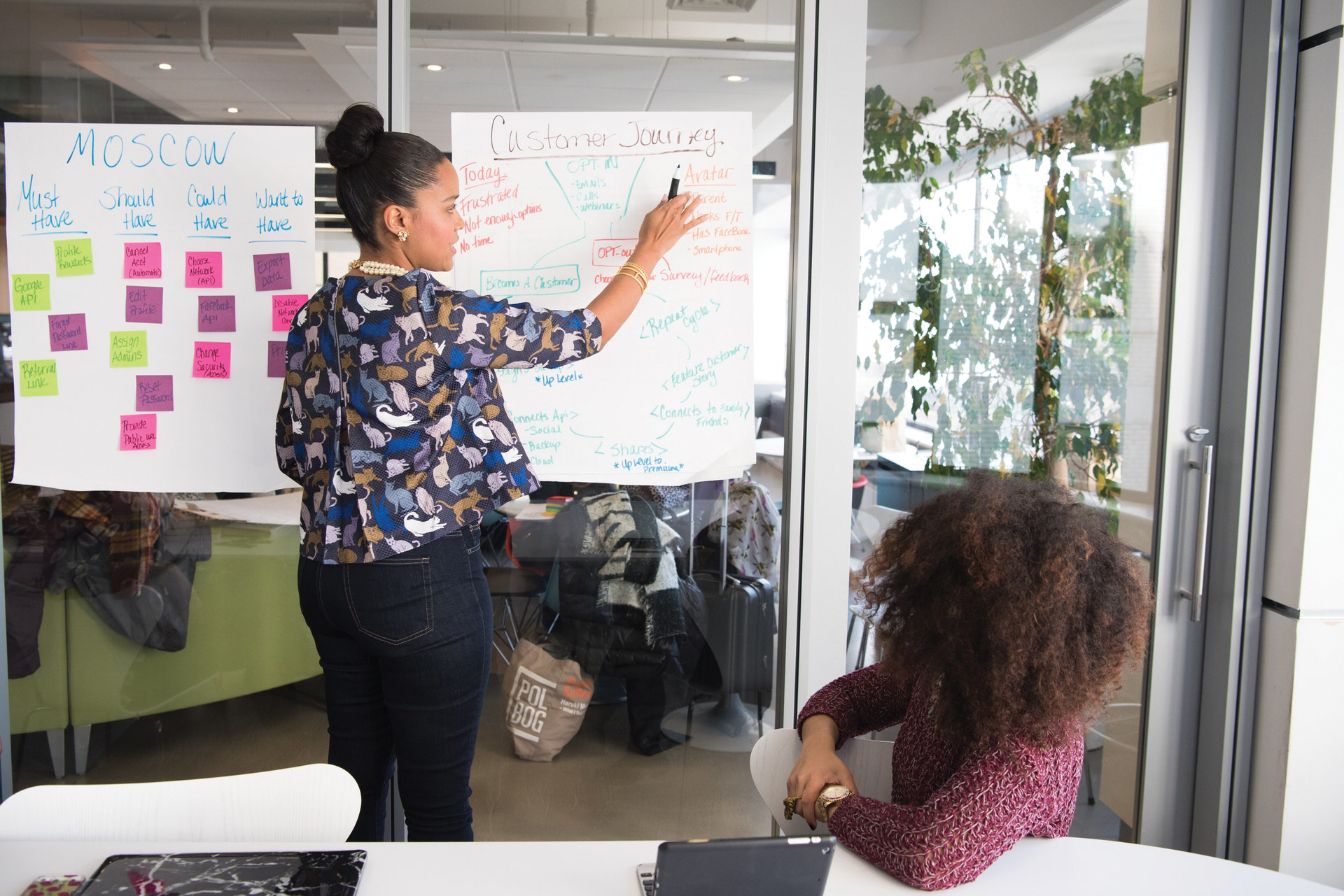 Woman writing on whiteboard