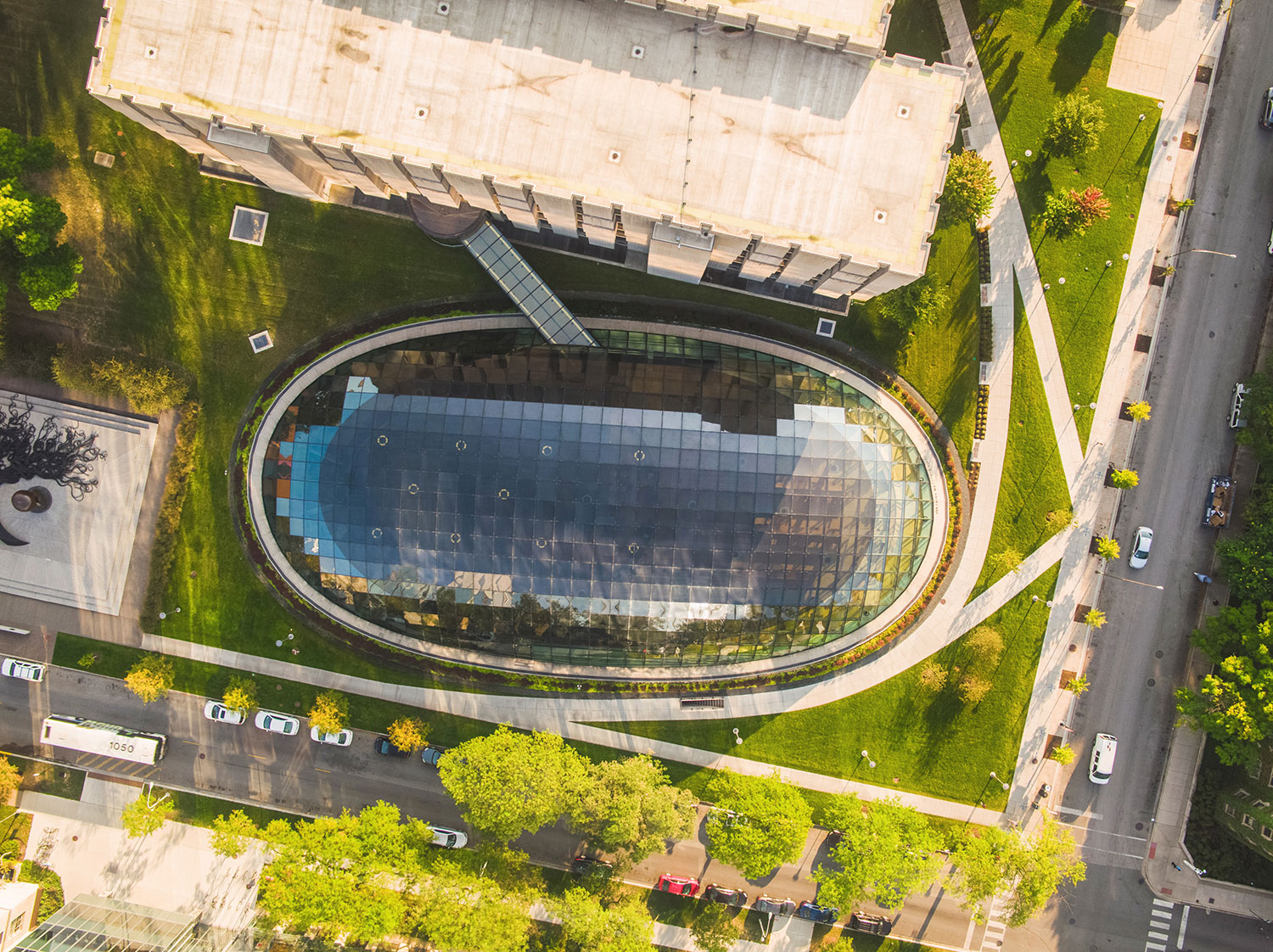 Aerial view of library on UChicago campus