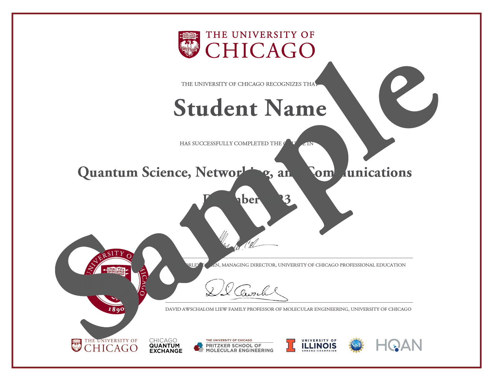 Quantum Science certificate example