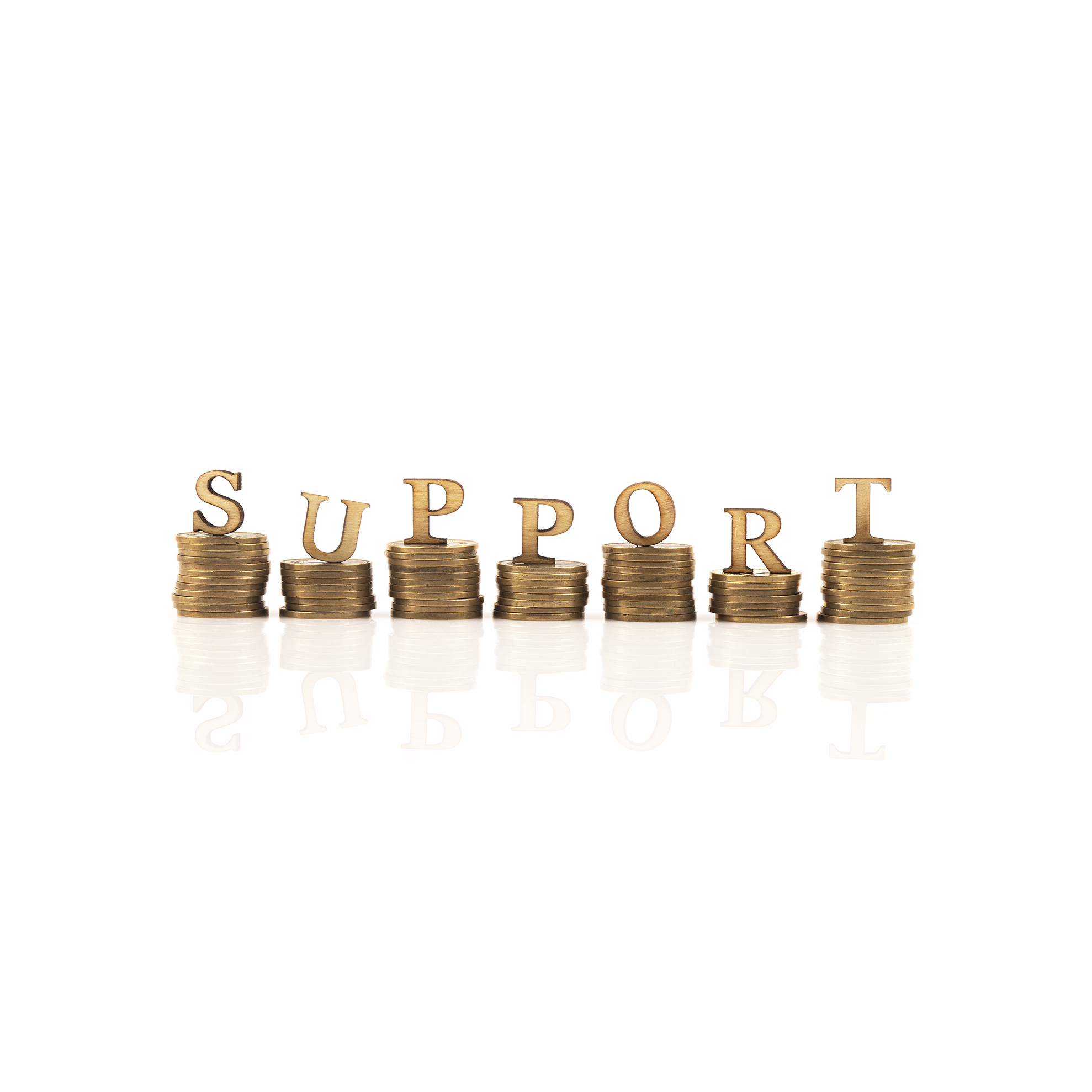 Letters spelling out "support" on top of coin piles