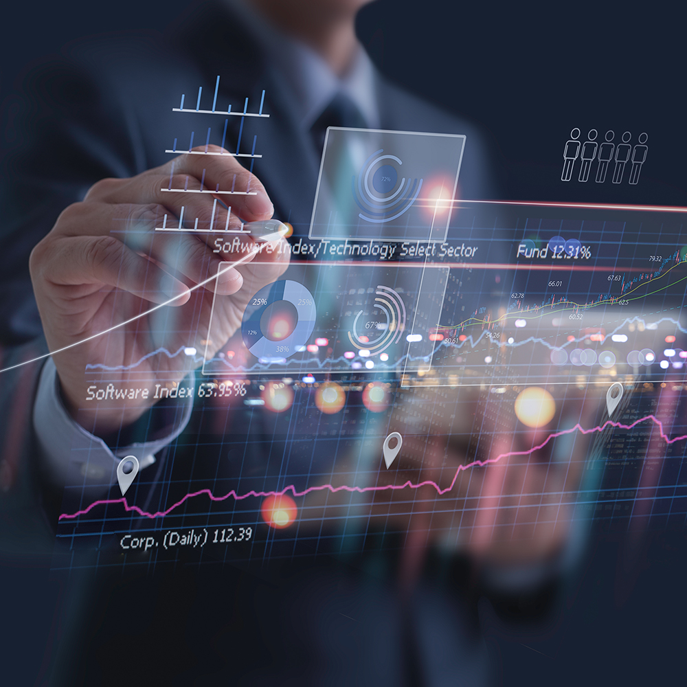 A hand using a pointer on a transparent screen with data