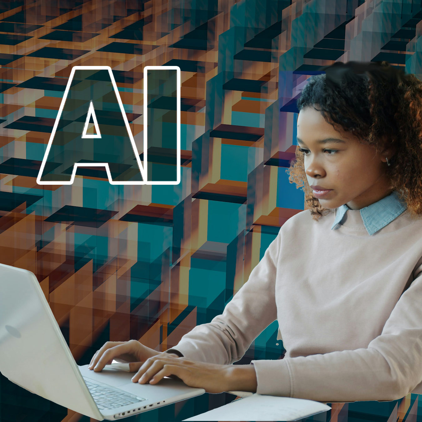 Woman working on a laptop with an abstract background and "AI" overlaid