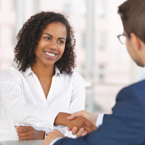 Two people shaking hands in agreement.