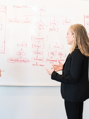 Student and teacher standing in front of whiteboard talking