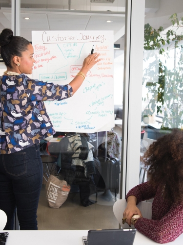 Woman writing on whiteboard
