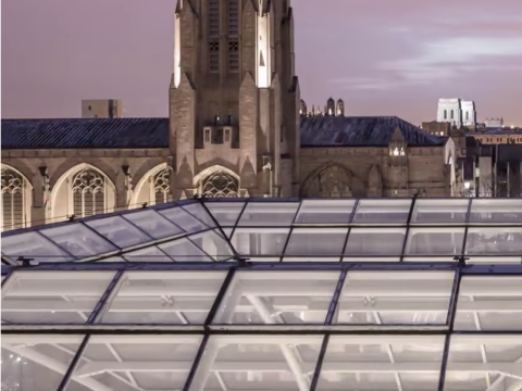 UChicago campus libraries at night