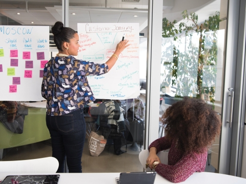 Woman writing on whiteboard