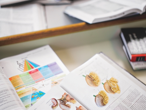 A table displaying open medical books.