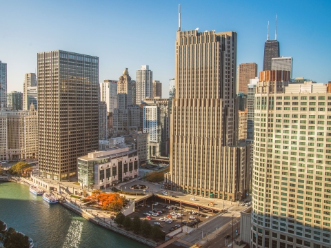 University of Chicago drone view of Gleacher Center.
