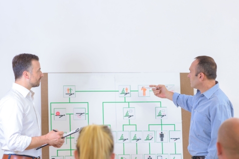 A group of people have a crisis planning meeting